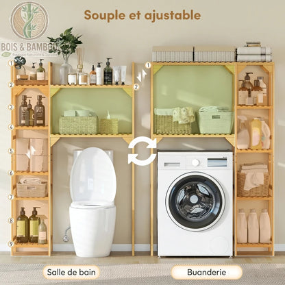 Etagere pour machine a laver en bambou descriptif 2. Infographie montrant la structure modulable utilisée au-dessus d'un WC ou d'une machine à laver, illustrant sa souplesse et ses tablettes ajustables.