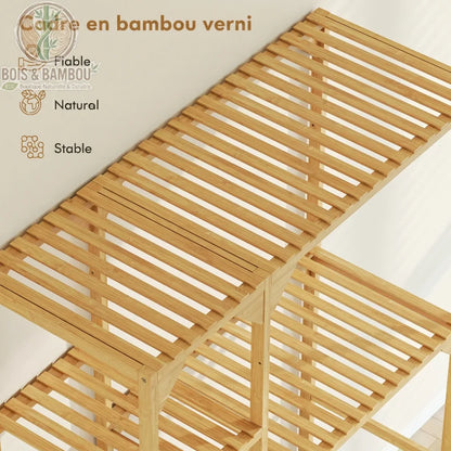 Etagere pour machine a laver en bambou descriptif 3. Gros plan sur les lattes d'un cadre en bambou verni, soulignant son aspect naturel, fiable et stable pour un rangement de qualité.