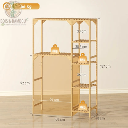 Etagere pour machine a laver en bambou dimensions. Infographie détaillant une hauteur de 170 cm, une largeur réglable de 65 à 110 cm et une profondeur de 30 cm pour ce meuble de buanderie modulable.