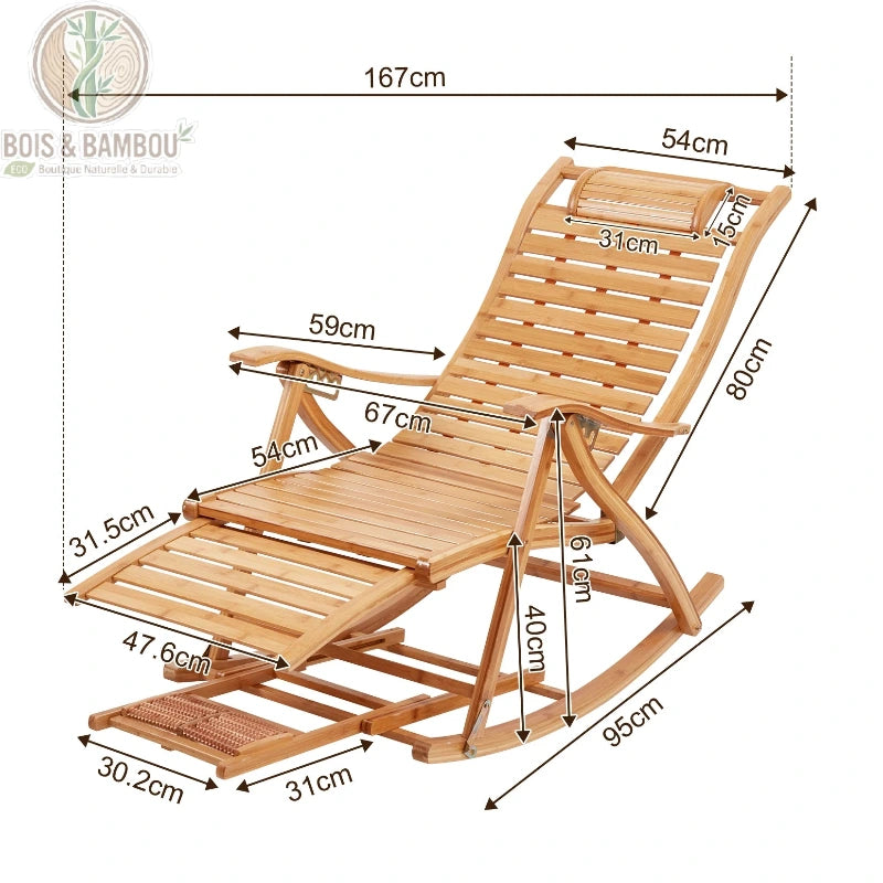 Fauteuil a Bascule en Bambou dimensions. Infographie d'un fauteuil relax en bambou naturel avec ses dimensions détaillées (longueur totale 167 cm), incluant repose-pieds et repose-tête ergonomique.