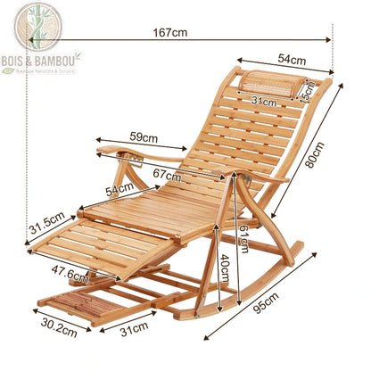 Fauteuil a Bascule en Bambou dimensions. Infographie d'un fauteuil relax en bambou naturel avec ses dimensions détaillées (longueur totale 167 cm), incluant repose-pieds et repose-tête ergonomique.