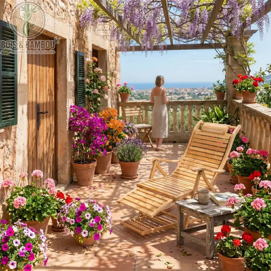 Fauteuil En Bambou A Bascule situation 1. Un fauteuil relax en bambou avec repose-pieds sur une terrasse fleurie avec vue mer, idéal pour une ambiance sereine et naturelle en extérieur.