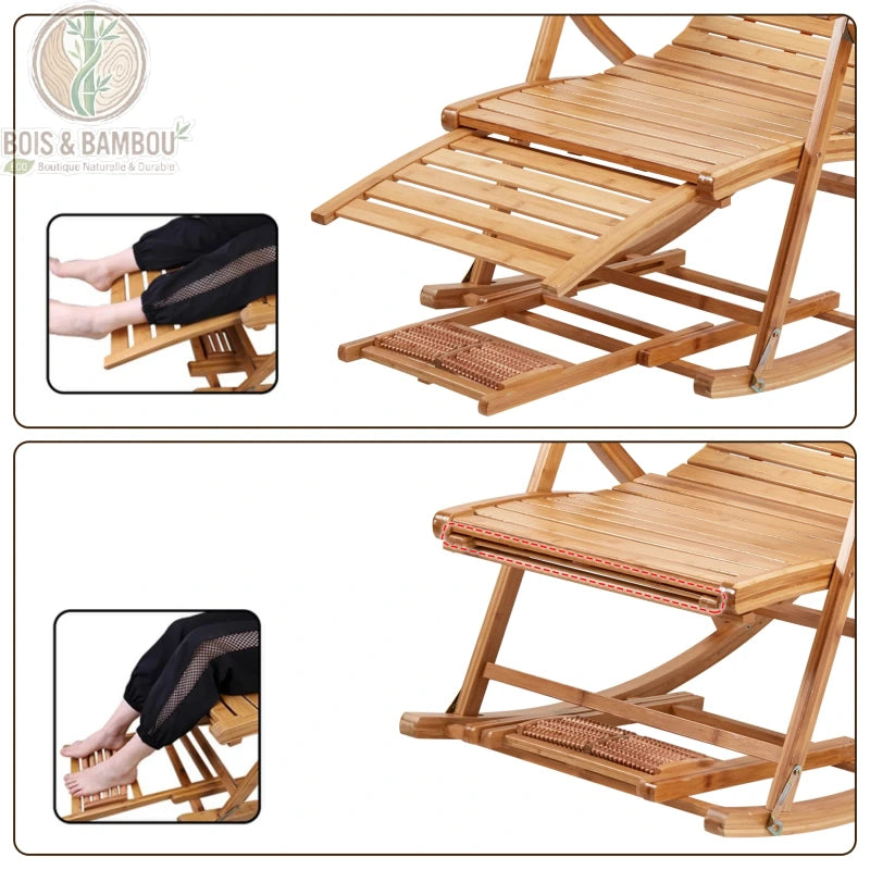 Fauteuil a Bascule en Bambou mode. Détails du repose-pieds rétractable et du plateau de massage des pieds intégré, illustrant les options de confort modulables de ce fauteuil relax en bambou naturel.