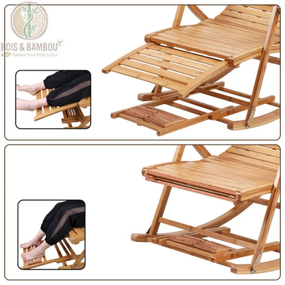 Fauteuil a Bascule en Bambou mode. Détails du repose-pieds rétractable et du plateau de massage des pieds intégré, illustrant les options de confort modulables de ce fauteuil relax en bambou naturel.