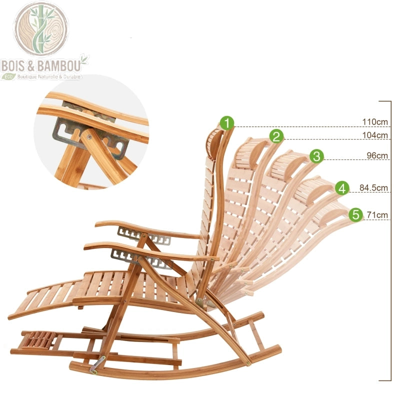 Fauteuil a Bascule en Bambou utilisation 1. Infographie d'un fauteuil relax en bambou montrant les 5 positions d'inclinaison réglables du dossier, de 71 cm à 110 cm de hauteur.