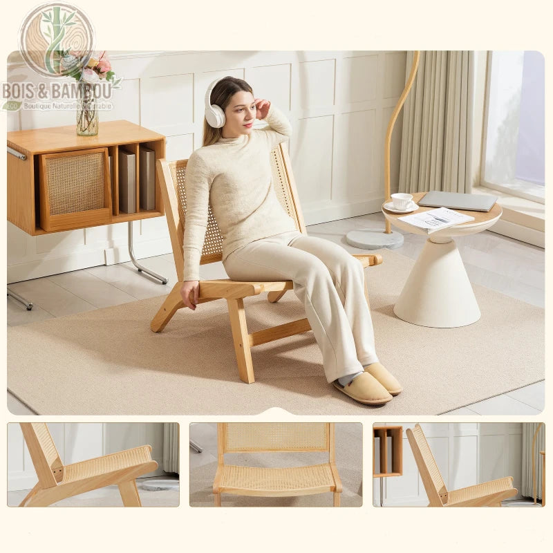 Fauteuil en Rotin et Bois d'Hevea situation. Femme écoutant de la musique assise dans un fauteuil bas en bois et cannage, dans un salon moderne avec des vignettes de détails du meuble.