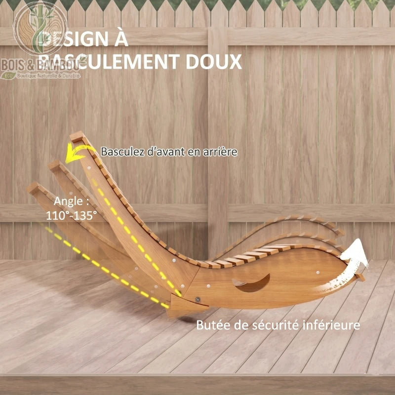 Fauteuil en bois massif a Bascule Ergonomique descriptif. Schéma expliquant le design à basculement doux d'une chaise longue, avec un angle de 110 à 135 degrés et une butée de sécurité inférieure.