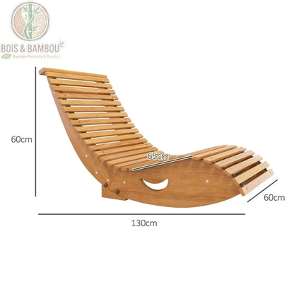 Fauteuil en bois massif a Bascule Ergonomique dimensions. Schéma technique d'une chaise longue à bascule montrant ses mesures : 130 cm de longueur, 60 cm de largeur et 60 cm de hauteur totale.