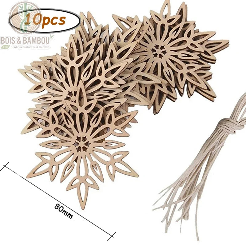 Lot de 10 flocons de neige en bois brut avec cordons, dimensions 80mm indiquées