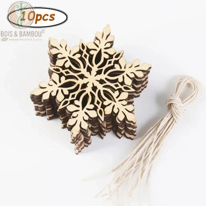 Flocons de neige en bois brut empilés avec cordons artisanaux, lot de 10 pièces