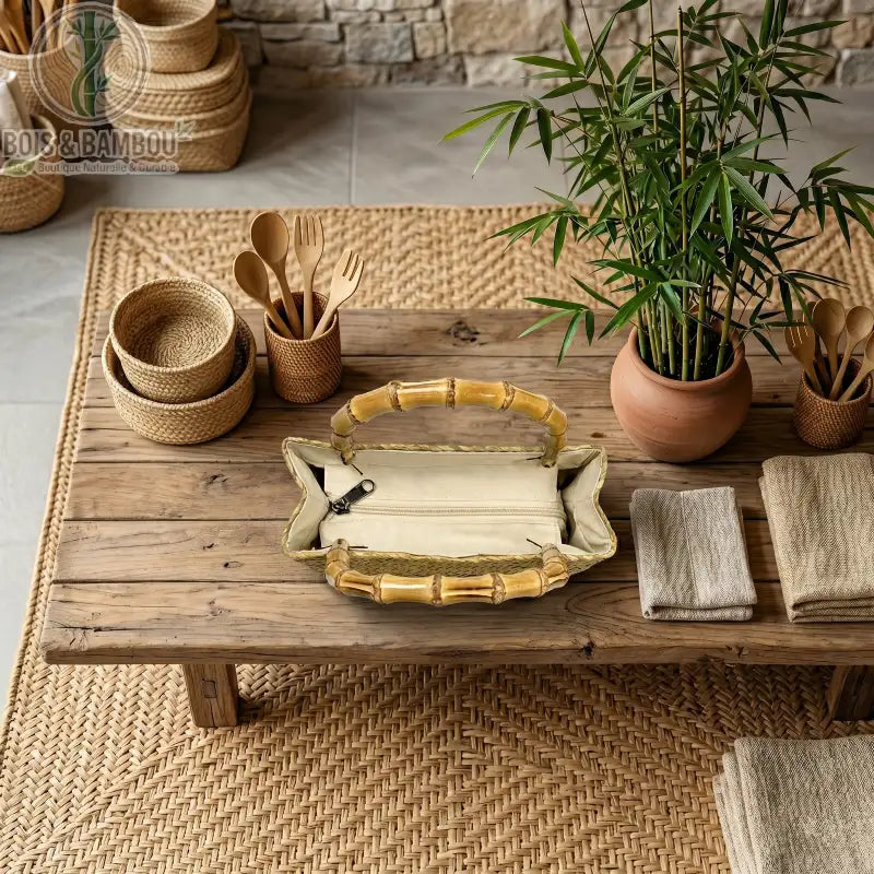 Fourre tout en paille tressee situation 4. Vue de dessus d'un sac artisanal en paille tressée avec ses anses en bambou, posé ouvert avec sa fermeture éclair visible sur une table en bois rustique.
