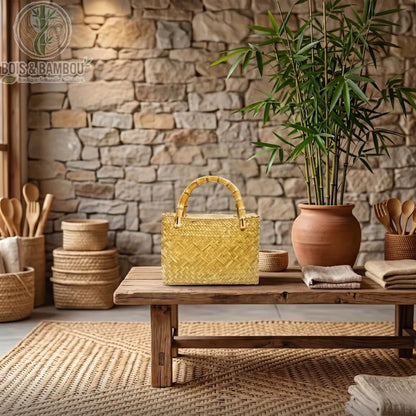 Fourre tout en paille tressee situation 5. Petit sac à main rectangulaire en paille tressée dorée avec anse rigide en bambou, posé sur une table rustique dans un décor artisanal aux murs de pierre.