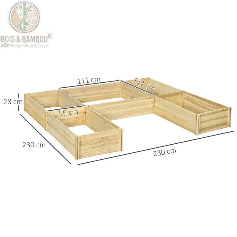 Grand potager modulable en bois de sapin avec dimensions 230 x 230 x 28 cm