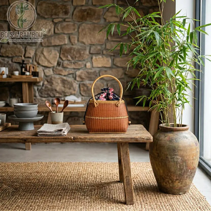 Grand fourre tout Nomade en bambou 1. Panier artisanal en bambou tressé marron avec poignée haute et pochon en tissu à motifs, posé sur un banc en bois rustique dans un décor naturel et épuré.