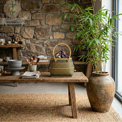 Grand fourre tout Nomade en bambou 2. Sac panier artisanal en bambou tressé vert avec anse rigide et pochon en tissu fleuri, présenté sur une table en bois dans un intérieur au style naturel.
