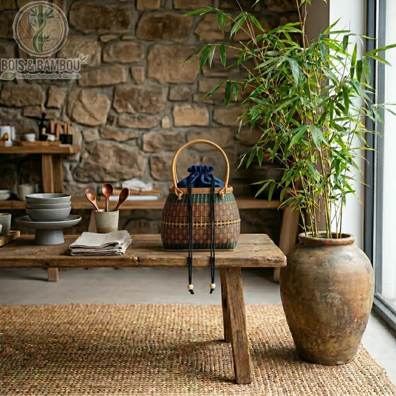 Grand fourre tout Nomade en bambou 3. Sac cabas artisanal bicolore marron et bleu tressé, avec anse haute et pochon en tissu bleu marine, posé sur un banc en bois rustique dans une ambiance naturelle.