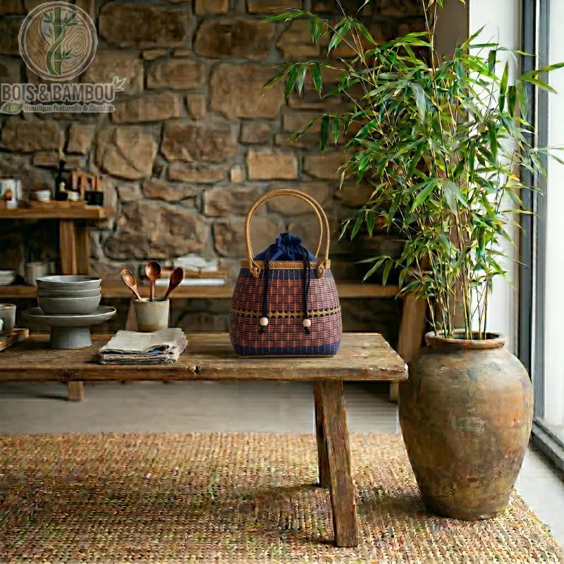 Grand fourre tout Nomade en bambou 4. Panier artisanal en bambou bicolore avec anse haute et pochon bleu marine, exposé sur un banc rustique dans un décor naturel avec mur en pierre et plante verte.
