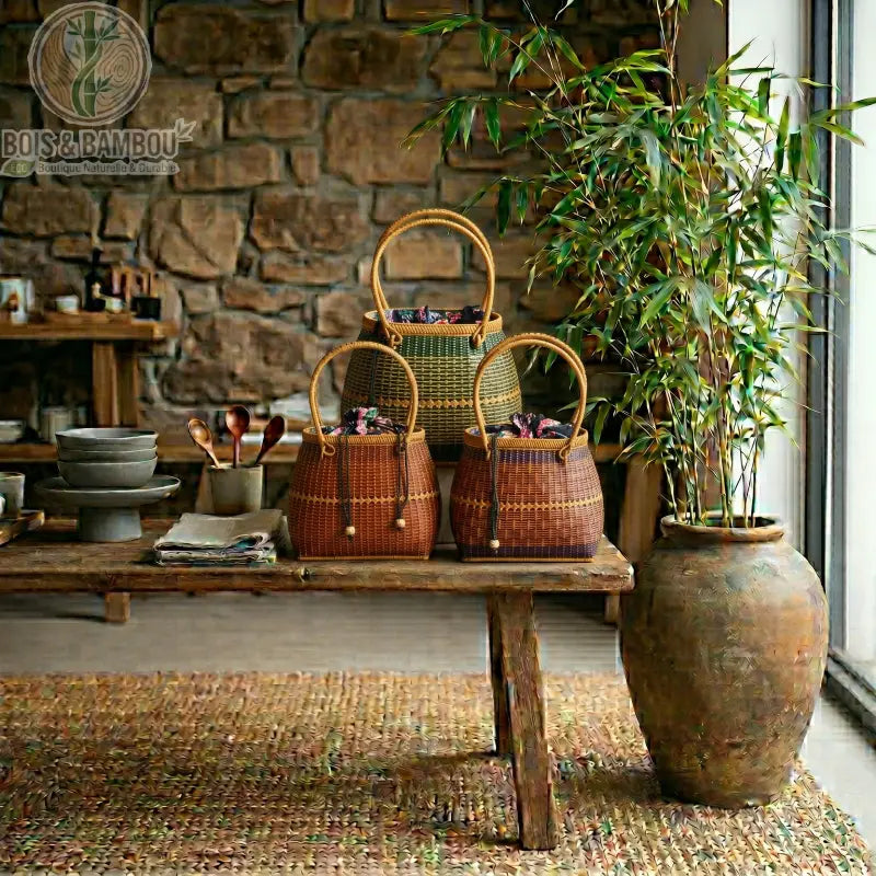 Grand fourre tout Nomade en bambou 6. Trois grands cabas nomades artisanaux en bambou tressé, en vert et marron, avec pochons en tissu, posés sur une table rustique dans un décor naturel avec pierres et plante de bambou.