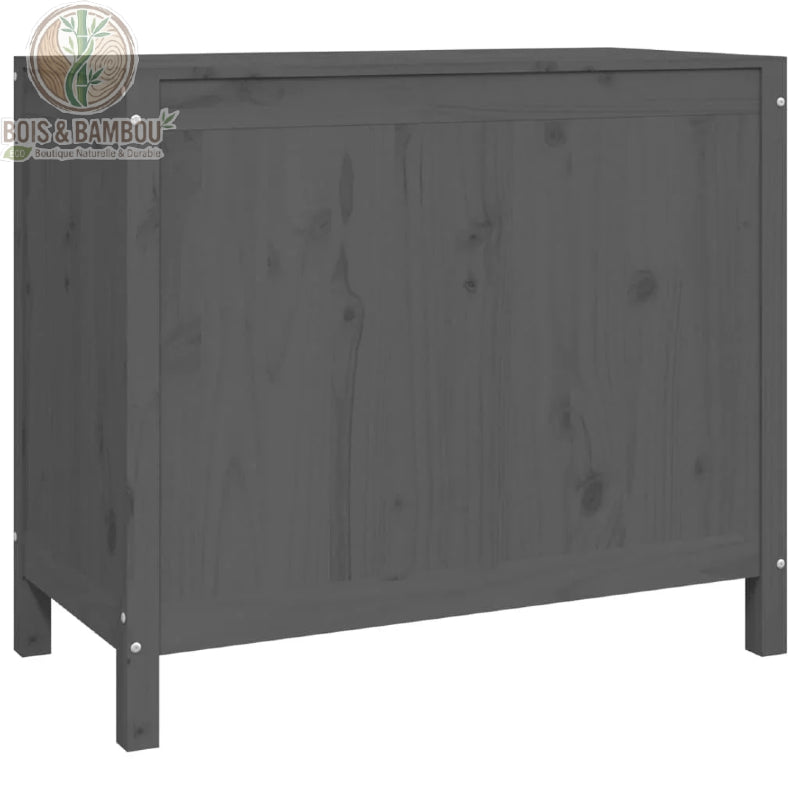 Grand panier a linge en bois de pin massif double arriere. Vue arrière d'un grand coffre à linge double en bois de pin gris, montrant la finition lisse du panneau et la structure solide des pieds.