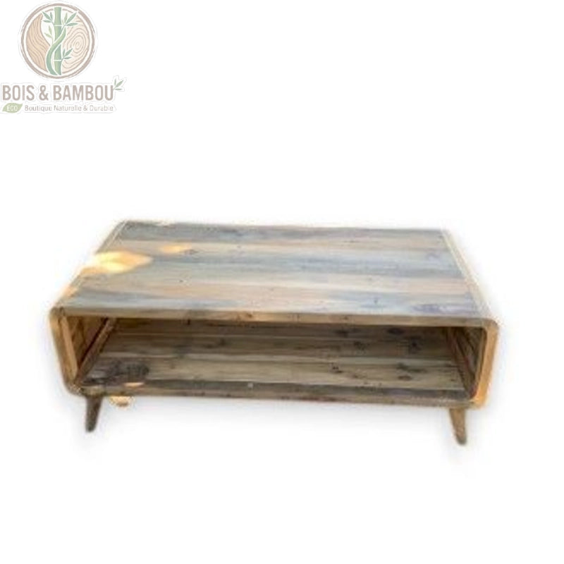 Table basse en bois recyclé vue de dessus montrant le plateau et la niche