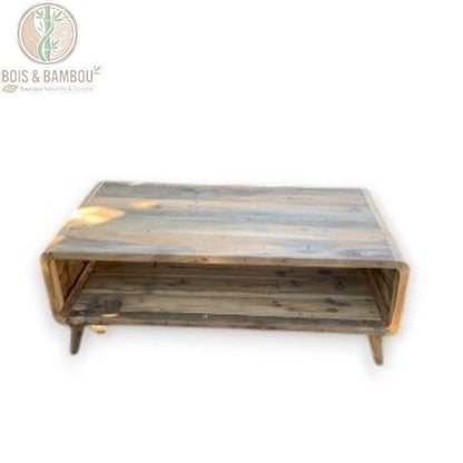 Table basse en bois recyclé vue de dessus montrant le plateau et la niche