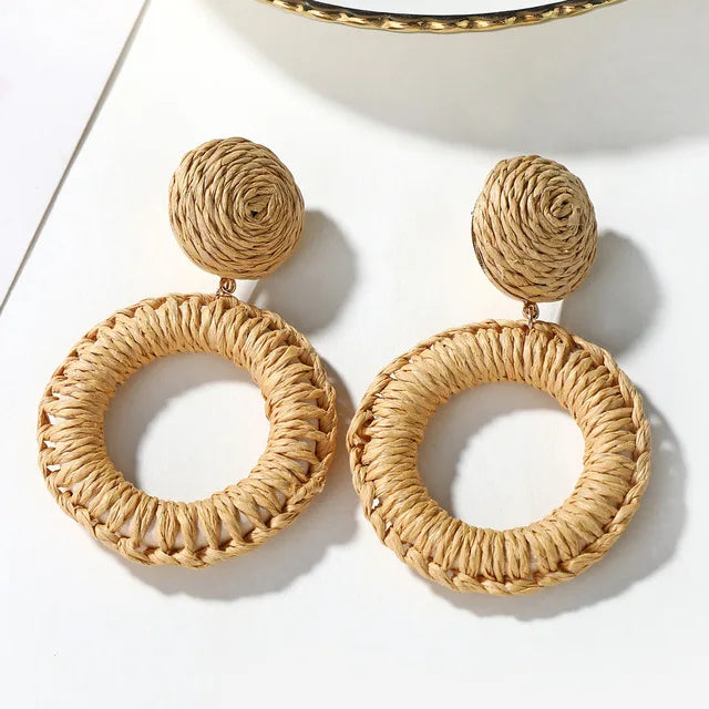 Boucles d'oreilles pendantes en rotin et bambou