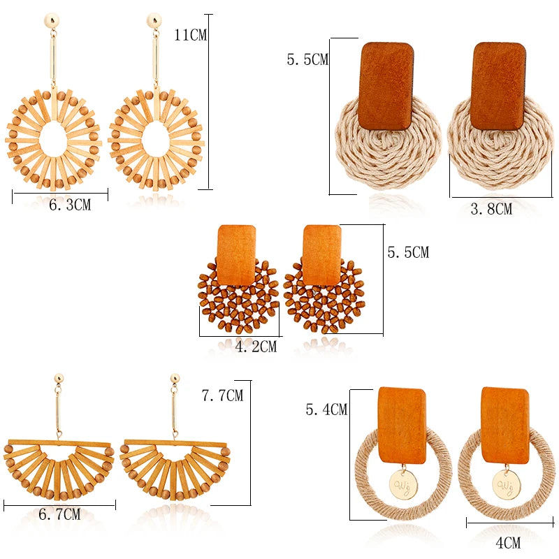 Boucles d'oreilles pendantes en rotin et bambou