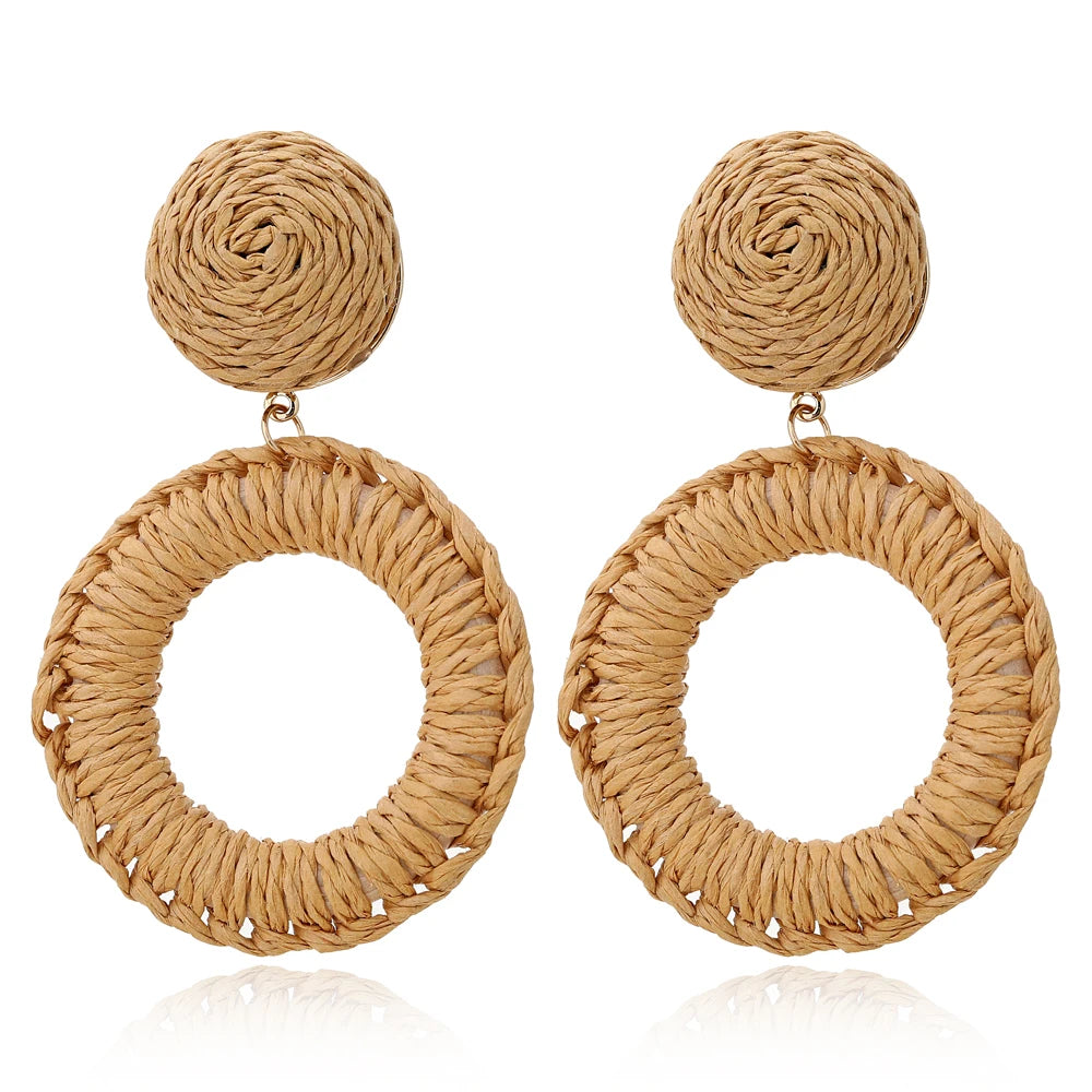 Boucles d'oreilles bohèmes en rotin et bois