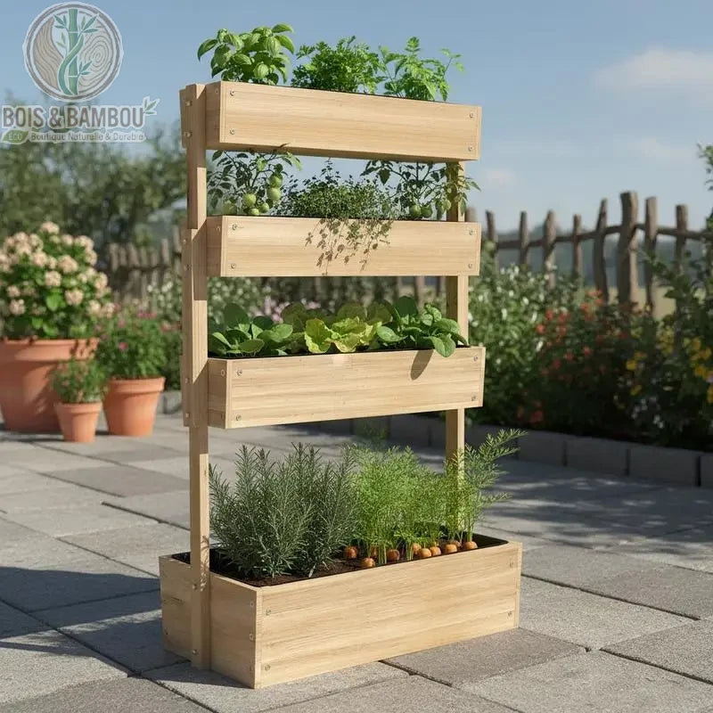 Jardinière Verticale en Bois. Une structure élancée à quatre niveaux en bois clair accueillant diverses herbes aromatiques et plants de légumes, disposée sur une terrasse dallée.