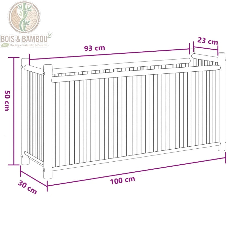Schéma dimensions grande jardinière bambou 100x30x50 cm
