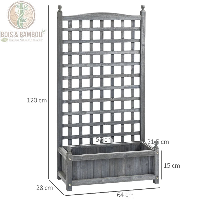 Schéma dimensions jardinière bois treillis gris clair 64 x 28 x 120 cm