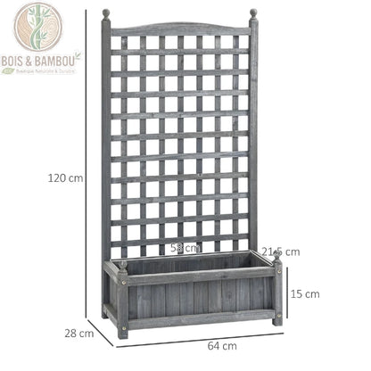 Schéma dimensions jardinière bois treillis gris clair 64 x 28 x 120 cm