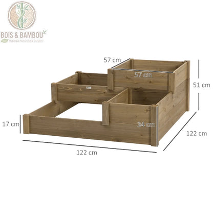 Schéma dimensions carré potager en escalier 122 x 122 x 51 cm bac supérieur 57 x 57 cm