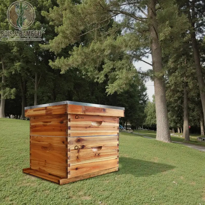 Kit de Ruche Langstroth en Cèdre. Ruche à deux niveaux en bois de cèdre naturel, installée sur une pelouse devant une forêt, avec un toit en métal et des poignées creusées.