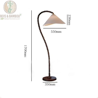 Lampadaire arc bois modèle H tige perles bois marron dimensions H170 cm abat-jour 55 cm base 35 cm