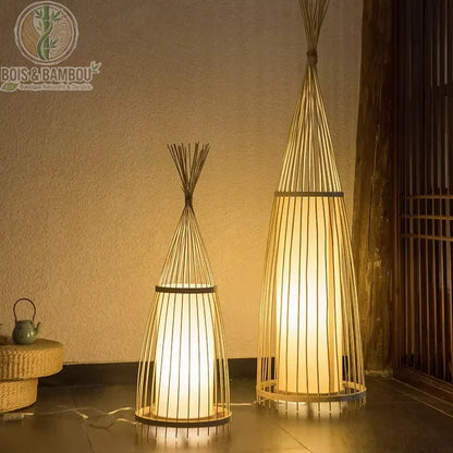 Lampadaire bambou bouteille baguettes libres tressé main lumière chaude