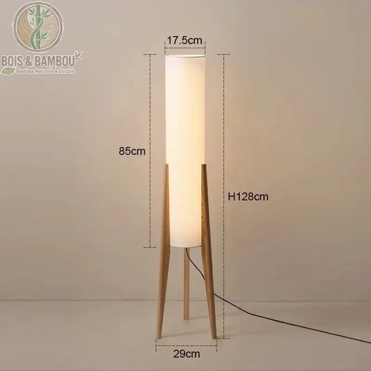 Schéma dimensions lampadaire bois massif trépied hauteur 128 cm abat-jour 85 cm diamètre 17,5 cm