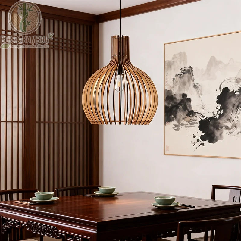 Suspension bois cage oiseaux au-dessus table repas ambiance japonaise