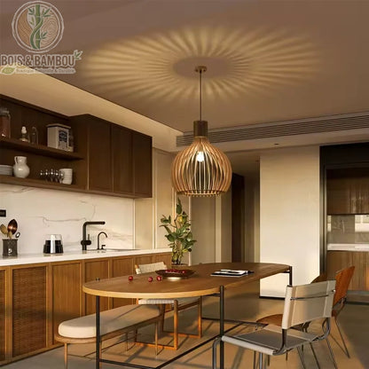 Suspension bois cage oiseaux projections ombres graphiques plafond cuisine
