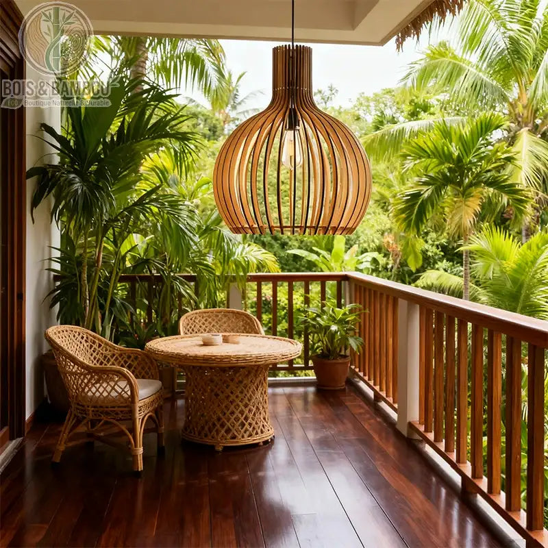 Lampe à suspension en bois cage à oiseaux , une grande suspension ajourée en lattes de bois clair, suspendue au-dessus d'un salon de jardin en rotin sur un balcon tropical luxuriant.