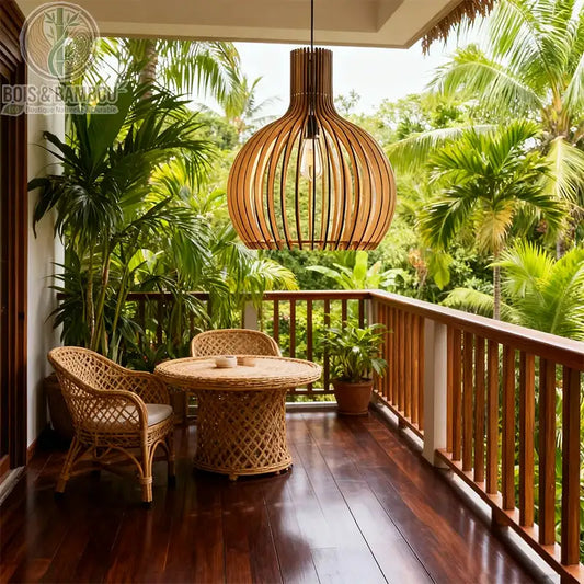 Lampe à suspension en bois cage à oiseaux , une grande suspension ajourée en lattes de bois clair, suspendue au-dessus d'un salon de jardin en rotin sur un balcon tropical luxuriant.