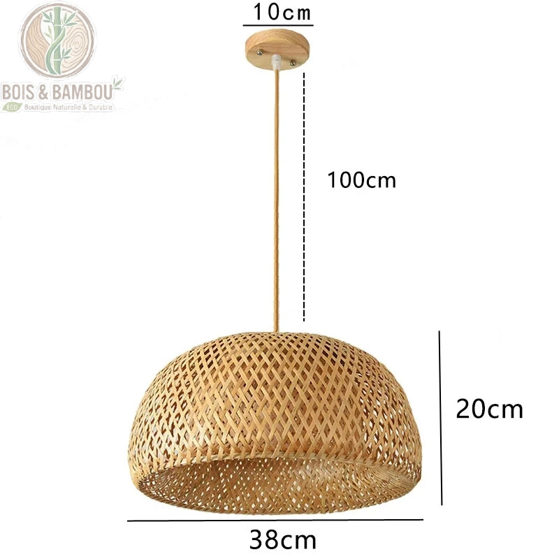 Lanterne bambou rotin tressé demi-sphère diamètre 38 cm hauteur 20 cm câble 100 cm
