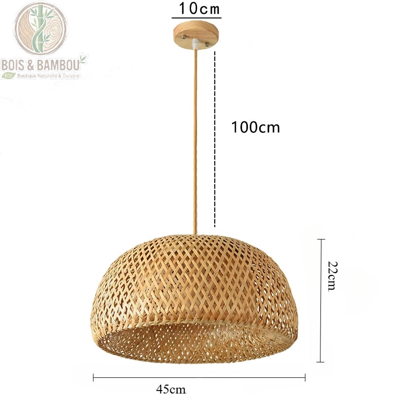 Lanterne bambou rotin tressé demi-sphère diamètre 45 cm hauteur 22 cm câble 100 cm