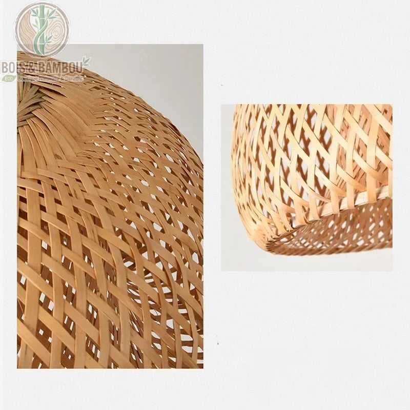 Détail tissage artisanal bambou rotin osier lanterne demi-sphère fait main