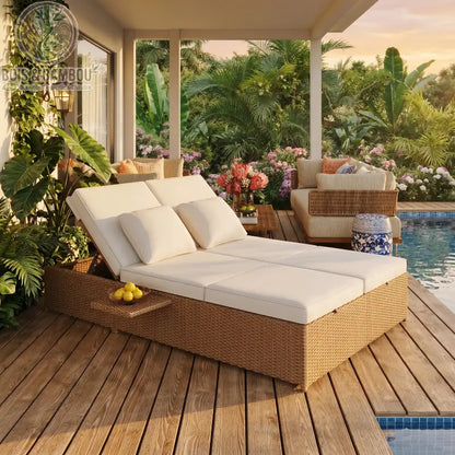 Lit En Rotin de Jardin Double. Luxueux lit de terrasse avec coussins blancs et tablettes intégrées, installé sur un deck en bois au bord d'une piscine dans un jardin tropical luxuriant.