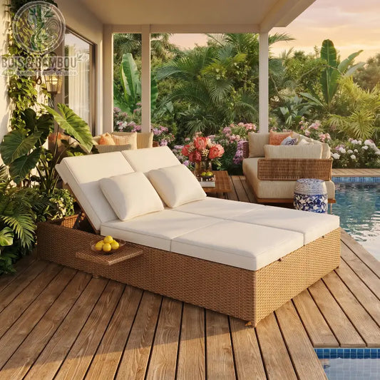 Lit En Rotin de Jardin Double. Luxueux lit de terrasse avec coussins blancs et tablettes intégrées, installé sur un deck en bois au bord d'une piscine dans un jardin tropical luxuriant.
