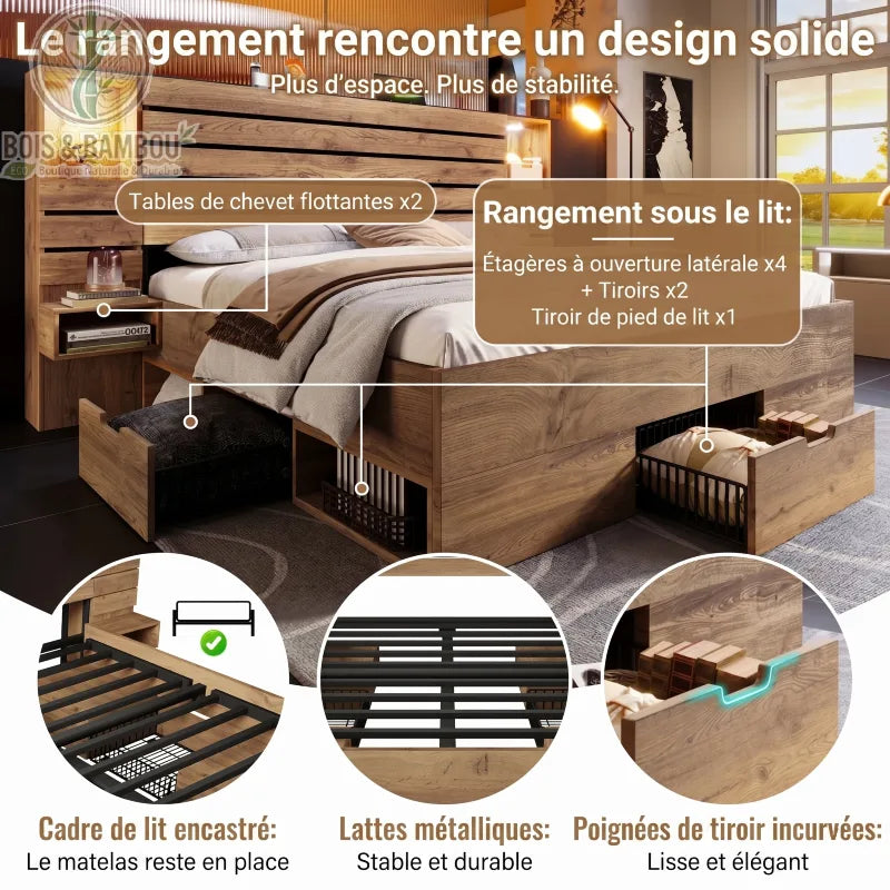Lit Moderne en Bois Massif descriptif. Infographie détaillant les fonctionnalités d'un lit en bois : chevets flottants, nombreux rangements intégrés, lattes métalliques et poignées.