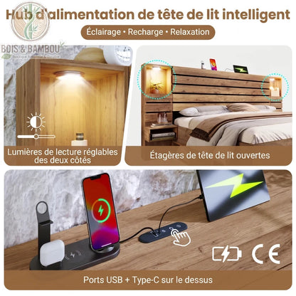 Lit Moderne en Bois Massif descriptif2. Infographie présentant un hub intelligent de tête de lit avec lumières de lecture réglables, étagères ouvertes et ports USB/Type-C intégrés.