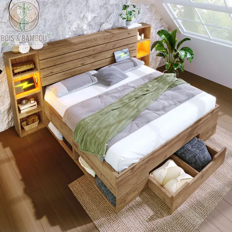 Lit Moderne en Bois Massif epure 2. Vue de dessus d'un lit en bois texturé avec tête de lit lumineuse et tiroirs de rangement ouverts, dans une chambre lumineuse sous les combles.
