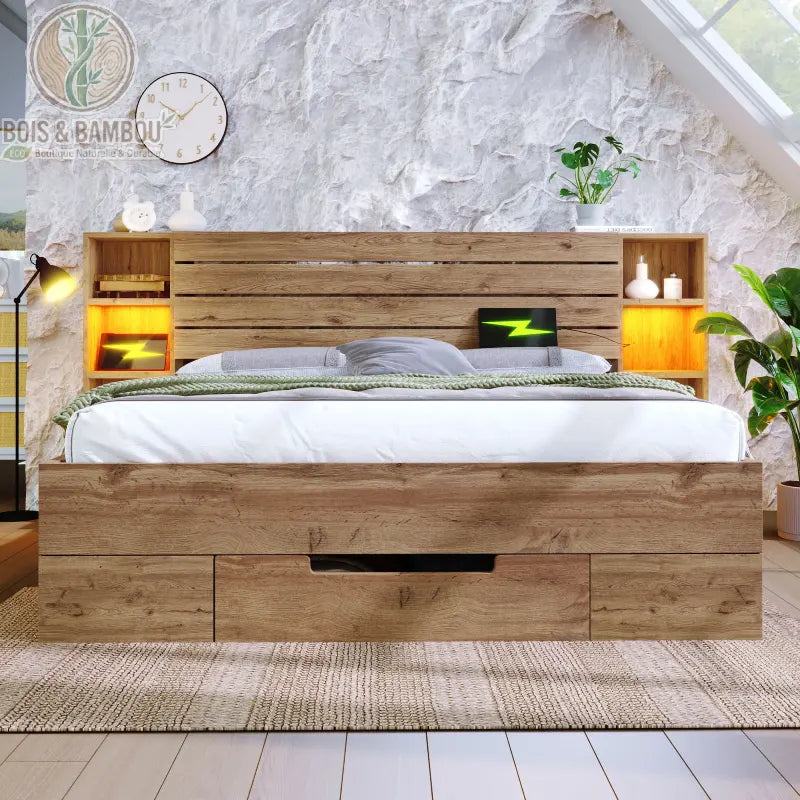 Lit Moderne en Bois Massif Epuré. Un cadre de lit en bois texturé avec tête de lit à lattes intégrant des niches lumineuses et un large tiroir frontal, posé sur un tapis beige.